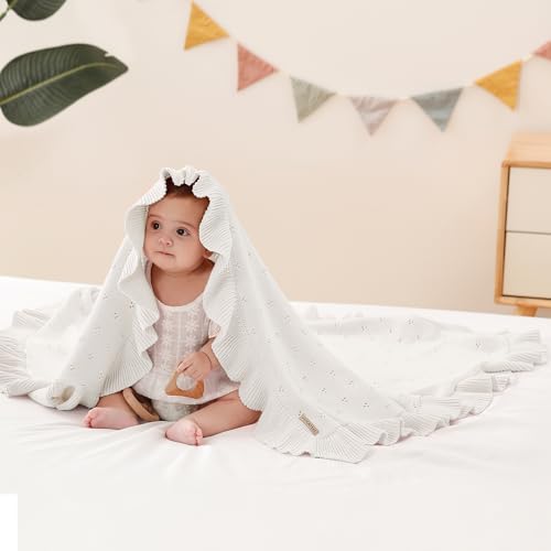 Image of Ruffle Cotton Pointelle Knitted Baby Blanket, 40 x 31 Inches Soft Cozy Newborn Swaddle Blanket for Girls, Crib Stroller Receiving Blanket, Elegant Gift Box,White