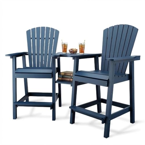 GAOMON Tall Adirondack Chairs Set of 2, Recycled HDPE Bar Height Patio Chairs with 2 Removable Connecting Trays & Umbrella Hole, Heavy Duty Outdoor Furniture for Deck, Backyard, Garden, Balcony, Blue