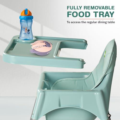Image of Baybee 2 in 1 Baby High Chair for Kids, Baby Feeding Chair with 2 Height Adjustable, Footrest, Tray, Mobile Stand, 3 Point Safety Belt | Kids High Chair for 6 Months to 3 Years (Green)