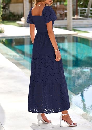 PRETTYGARDEN Summer Dresses for Women 2025 Eyelet Square Neck Puff Sleeve Smocked Wedding Guest Maxi Dress with Pockets2