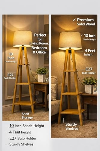 Image of Glorik Modern Floor Lamp with Storage Shelves, Wooden Frame, Linen Shade, Standing Light for Living Room, Home Decor
