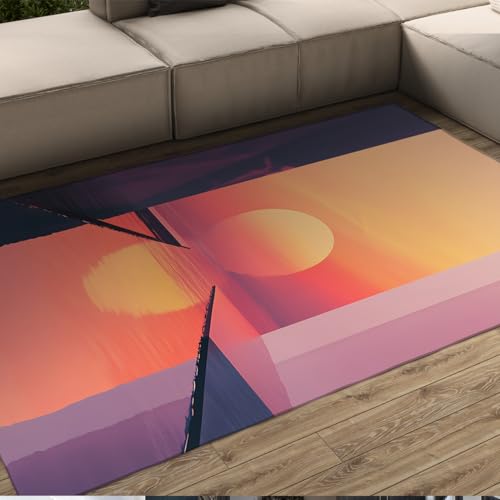 Tapis Sunset motif soleil jaune chaud et eaux dégradées rose bleu de 150 x 210 cm - 3