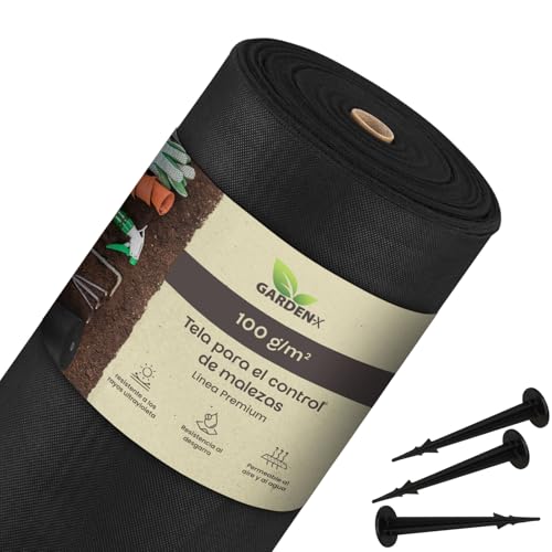 GARDENIX Fieltro para Malas Hierbas (50 m², con 100 Anclajes de Tierra, 1 m x 50 m, Permeable al Agua, 100 g/m²), Color Negro Resistente a los Rayos UV, lámina de Fieltro para Plantas