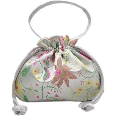Sacs à bijoux en brocart de soie, Sac en brocart de soie chinoise for femmes, sac rangement cosmétiques à cordon, pochette maquillage, d'emballage Satin Floral d'épices lavande(Silver Gray)