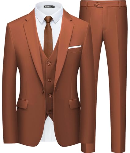 Image of WULFUL Men's Slim Fit Suit One Button 3-Piece Blazer Dress Business Wedding Party Jacket Vest & Pant