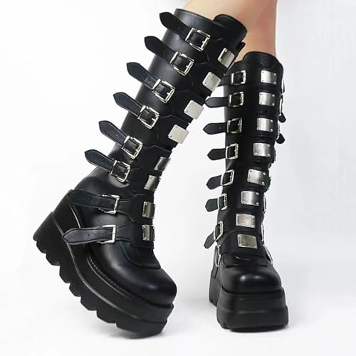 Women Platform Knee High Goth Boots Zip Round Toe Wedge Punk Mid Calf Boots Buckle Chunky High Heel Combat Boots3
