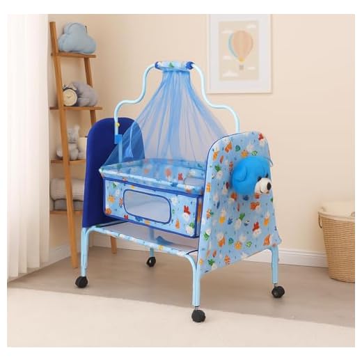FLIPZON Foldable Baby Cradle with Swing | Comfortable Multi-Use Baby Cradle for Baby Comfort Sleep | Teddy Style | J7, Blue, Trundle, Metal