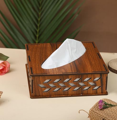 Image of Deskart Wooden Tissue Paper Box | Refillable Facial Napkin Holder Stand with Tissue Paper Pack for Kitchen Dining Table, Resturant and Cafe (Square)