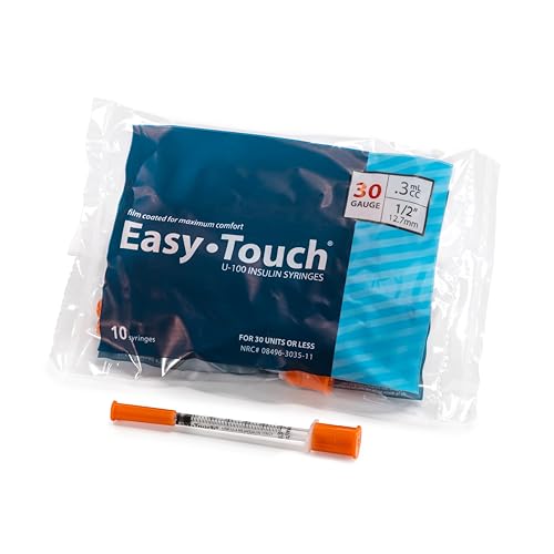 Image of Easy Touch 30 Gauge U-100 Insulin Syringes (30G 0.3cc 1 /2 inch) with 1 /2 inch Long Needle, 0.3cc (30 Unit Capacity), Bold Markings for Accurate Dosing, Disposable, Box of 100