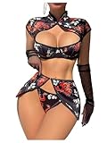 RoseSeek Women's 4 Piece Lingerie Sets Dragon Graphic Mandarin Collar Underwire Bra and Panty Costume Sets Black and Red Small