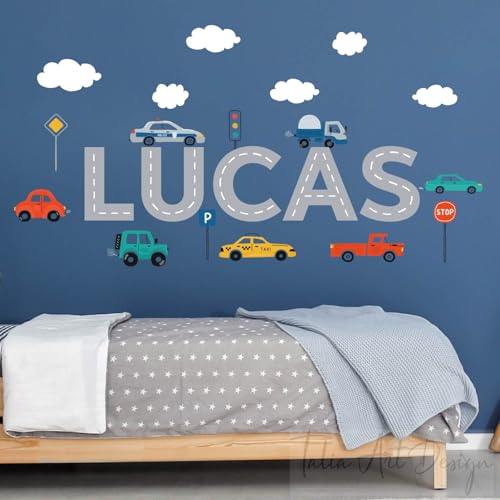 Vinilo decorativo personalizado con vehículos de construcción y autos miniatura 3