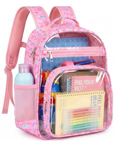 Soimeat Clear Backpack for Girls - Kids Clear Bookbag - Fabric & PVC Transparent Backpacks for Elementary School Pink Rainbow