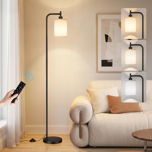 Image of Ziisee 64 inch Floor Lamp with Remote Control, Dimmable Tall Standing Lamps for Living Room Bedroom Office Corner, 9W LED Bulb Included, Foot Pedal Switch, Beige Shade Black Pole
