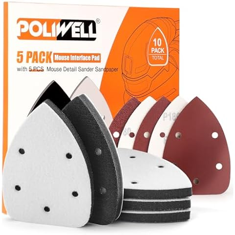 POLIWELL 5 Pack Mouse Sanding Interface Pad Hook and Loop, Triangle Sanding Pad with 5 Holes, Mouse Sander Sandpaper Backing Pad Come with 5P Mouse Sander Sandpaper (40-240 Grits) for Detail Sanding Cover
