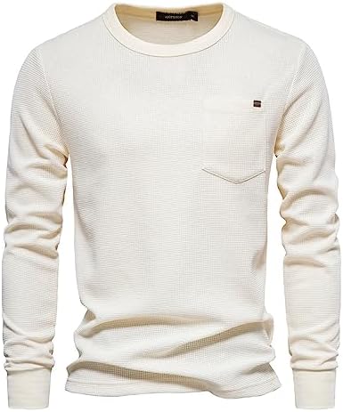 AMTF 2023 New Waffle T Shirt for Men Autumn Winter Round Neck Pullover Shirt Solid Front Pocket Long Sleeve Tees Tops