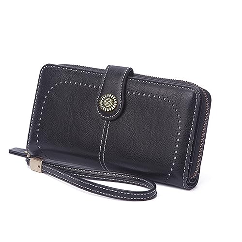 Mokoze Black Wallet for Women, PU Leather Large Capacity Bifold Wallets with Wrist Strap and Zipper for Hold Credit Cards/Cell Phones/Keys, Girlfriends Mother's Day Gifts3