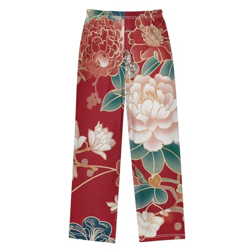 ZZXXB Peony Floral Print Boys Long Pants Soft Trousers Elastic Waist Kids Lounge Bottoms with Pockets S-XL2