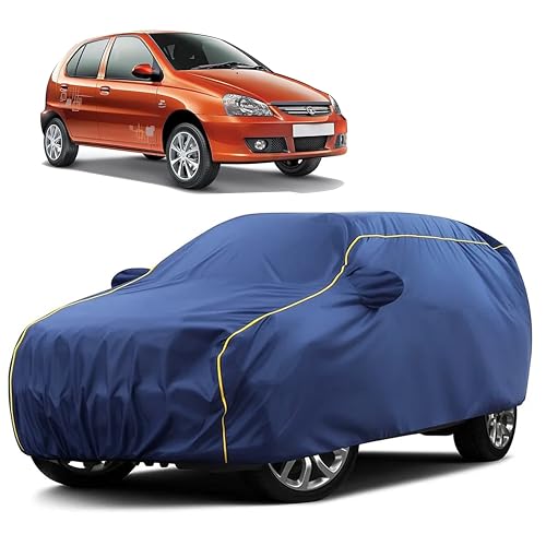 Image of Sulfar 100% Water Resistant Car Body Cover Compatible with Mirror for Tata Indica eV2 (Triple Stitched, Full Bottom Elastic, Blue Taffeta with Yellow Piping)