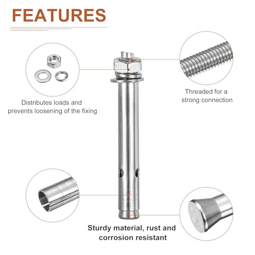 Image of DTGN M10 x 100 Expansion Bolts - 3Pack- Good for Concrete Dry Brick Block Walls - 304 Stainless Steel - Silver