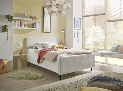 Stella Trading Polsterbett 120x200 Peach in Cord-Optik, Bettgestell mit gepolstertem Kopfteil & Holzfüßen, modernes Stoffbett, ohne Matratze & Lattenrost, Ivory