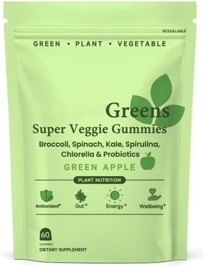 WonderGreens Super Greens Gummies with Probiotics &amp; Multivitamins,Green Apple Veggie Gummies for Energy Gut &amp; Immune Support Gummy 60 Count