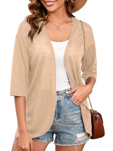 Image of Heymoments Cardigan for Women Khaki Large Draped 3 /4 Sleeve Open Front Lightweight Casual Soft Drape Summer Fall Kimonos Cardigans