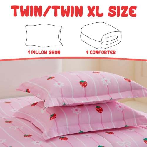 Image of Yibeizi Pink Strawberry Comforter Set for Girls Twin Bow Striped Bedding
