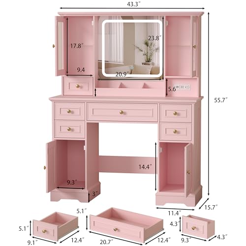 Image of Makeup Vanity Desk with Mirror and Lights, Farmhouse Vanity Table Set with 6 Drawer&Charging Station, Makeup Table with RGB Cabinets, Pink Vanity with Lighted Mirror for Girls Women, 3 Light Modes