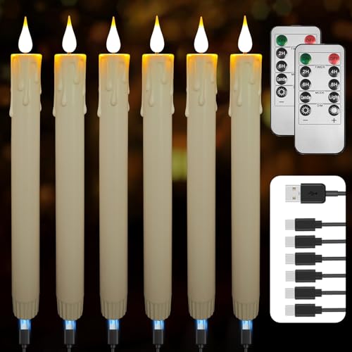 SUNGEGE 9.9-Inch Rechargeable Flameless Taper Candles 60+ Hours Runtime Remote & Timer Flickering LED Safe for Home & Events 6-Pack Ivory Plastic