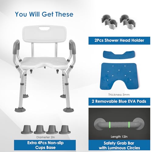 Shower Chair with Arms and Back Heavy Duty 330lbs, Shower Chair with Bathroom Grab Bar for Inside Shower, Shower Seat for Inside Shower Bathroom Chair with Cutout Seat & Cold-Proof Pads