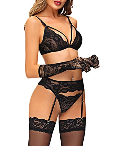 Women Lingerie with Stockings and Gloves, Sexy Garter Blet Lingerie Set Black