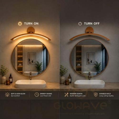 Image of Glowave Modern Curved Wooden Finish LED Mirror Light for Bedroom & Bathroom - Tricolour (Warm White, White, Natural White) (876-WD)