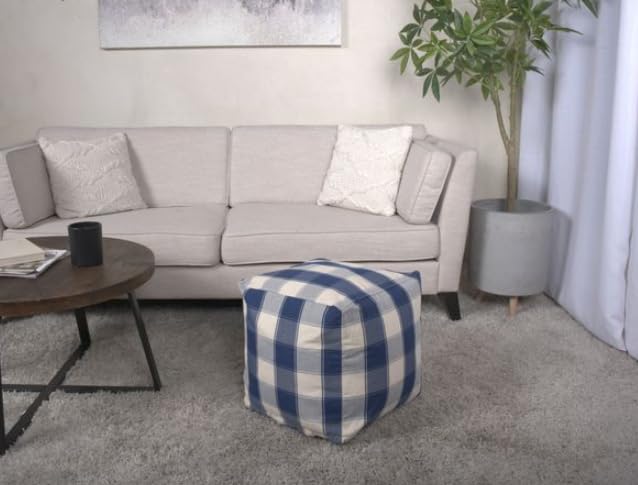 TREATLIFE HOME Seating Solution with Checkered Square Pouf, Soft Fabric, Multi-Use Ottoman or Floor Cushion, Ivory and Navy Blue