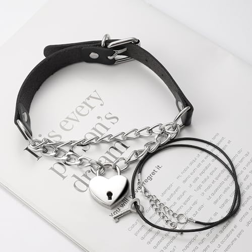 JJDreams Halskette mit Herz Schloss Schlüssel Punk Gothic Rock Leder Halskette Schwarz Einstellbar Kragen Halsband Choker Schwarz Kette für Damen