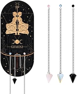 ORIGACH Small Crystal Shelf Witch Wooden Hanging Crystal Holder Stand Crystal Display Shelf, Decorative Divination Display Rack with 3 Pieces Metal Chain Crystals Stone(Gemini Theme)