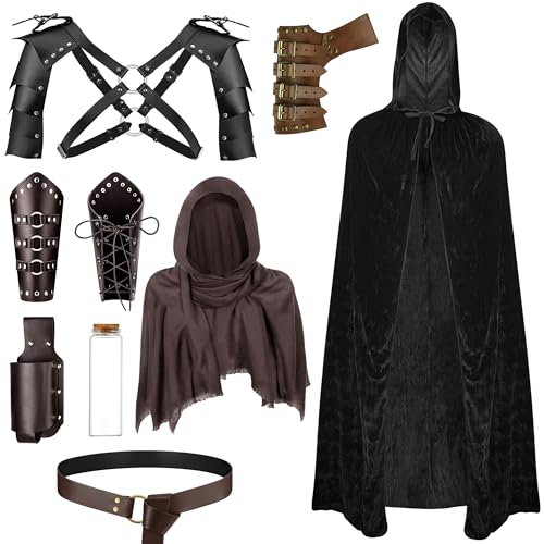 Costume chevalier médiéval homme avec cape à capuche et armure PLULON 9 pièces