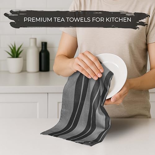 LIXURIATE Stripe Designed Tea Towels for Kitchen - 100% Cotton | Super Absorbent & Quick Drying Hotel Quality Kitchen Towels Set | 70 x 50 cm - Machine Washable (Grey & Dark Grey, 5 Pack) - Image 7