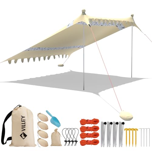 Villey Toldo De Playa 3m X 3.3m, Tienda De Playa Lycra, Sombra De Playa Con Protección Uv50 , Parasol De Playa Con Ancla Para Saco De Arena Y 4 Postes De Soporte Para Playa, Picnic, Pesca, Color Caqui
