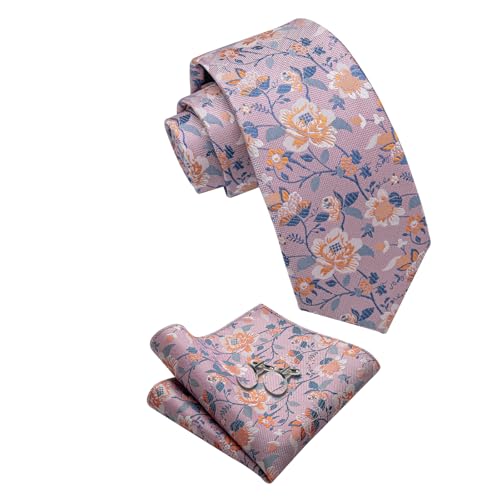 Image of YourTies Silk Paisley Floral Tie and Pocket Square Cufflinks with Lapel Pin Sets for Men 5PC Wedding Party