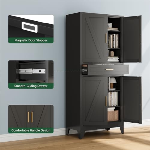 Image of Bevivog Tall Pantry Storage Cabinet with Drawers, Metal Storage Cabinet with Doors and Shelves, 4 Doors Freestanding Cupboard Cabinets for Office /Pantry /Living Room
