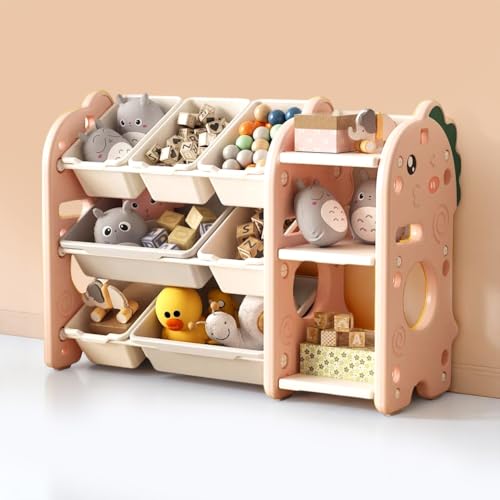 Image of oddpod Dino Kids Toy Organizer Storage Racks with Bins, Cute Cartoon Montessori Plastic Bookshelf for Children & Bedroom Shelf for Baby Hardline Toys, Books, Clothes & Games - Pink (5+2 Bins)