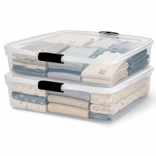 HOMZ 2-Pack Under Bed Storage, Clear Plastic Containers with Lids, 56 Quart, Gray Latch - Stackable Underbed Organizer Bins for Shoes, Bags, Clothes, and Towels