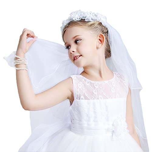 Girls First Communion Floral Wreath Veil Holy White Pearls Center with Bow Headpiece Flower Girl Wedding Headband Kids Veils Crown with Comb
