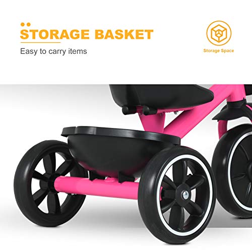 Uenjoy Tricycle 3-Wheeler Ride-on Toy with 2 Storage Baskets on Front & Back for 2-5 Years Old Boys & Girls, Safe Design & Non-Slip Handlebar, Pink