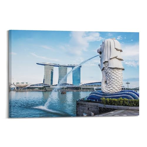 Poster paysage réel de Singapour Merlion 40x60 cm tableau moderne sur toile avec cadre WIZIGM