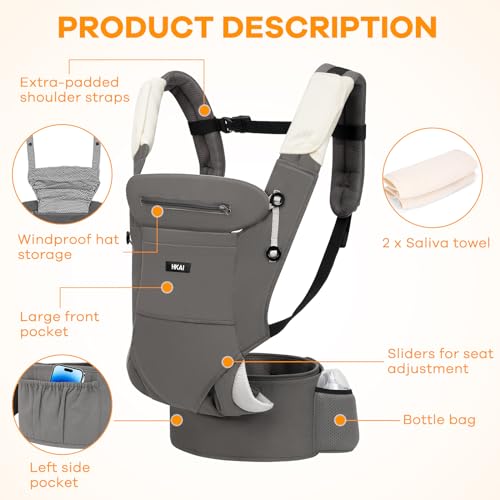 HKAI Baby Carrier, Ergonomic Baby Carrier for Newborn to Toddler with Adjustable Waistband & Breathable Mesh, Multifunctional Pocket, All Carry Positions Infant Carrier for 7-45 lbs, Grey