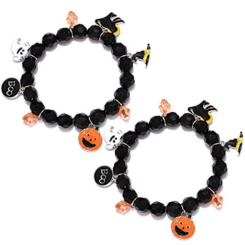 NVENF 2PCS Halloween Bracelets for Women Pumpkin BOO Ghost Charm Bracelets Black Bead Stretch Bracelet Set Costume Party Gifts