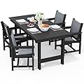 SERWALL 5 Piece Outdoor Dining Table Sets for 4 with 1 Umbrella Hole Cut-Out Rectangular Table and 4 Textilene Chairs, HDPE Dining Table Sets for Garden, Backyard, Poolside, Black