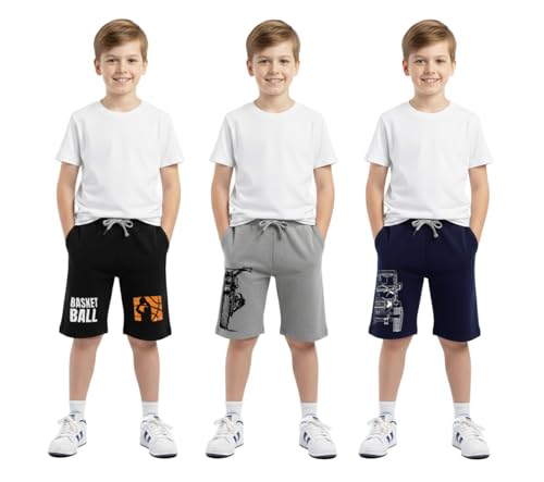 Image of hotfits Boy's Cotton Knee Length Graphic Casual Shorts with Pocket -Pack of 3