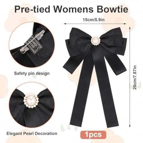 DOPENSPI Schwarze Vorgebundene Fliege für Frauen, Bowknot Fliege mit Perle Elegante Brosche Schleifen Krawatte Damen für Uniform Schule Shirt Party Zubehör